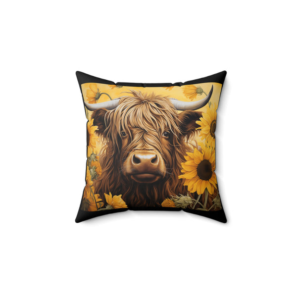 Sunflowers & Highland Cow Spun Polyester Square Pillow - Black