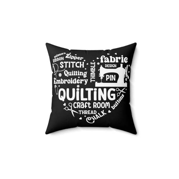 Quilting Word Cloud Spun Polyester Square Pillow - Black