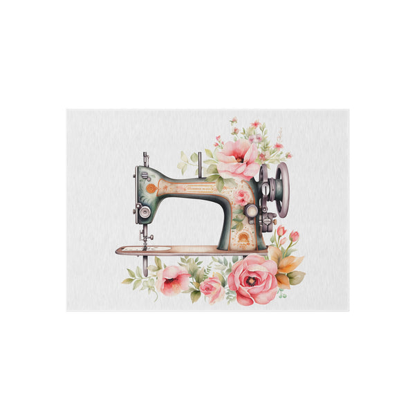 Blue Floral Sewing Machine Elements Outdoor Rug