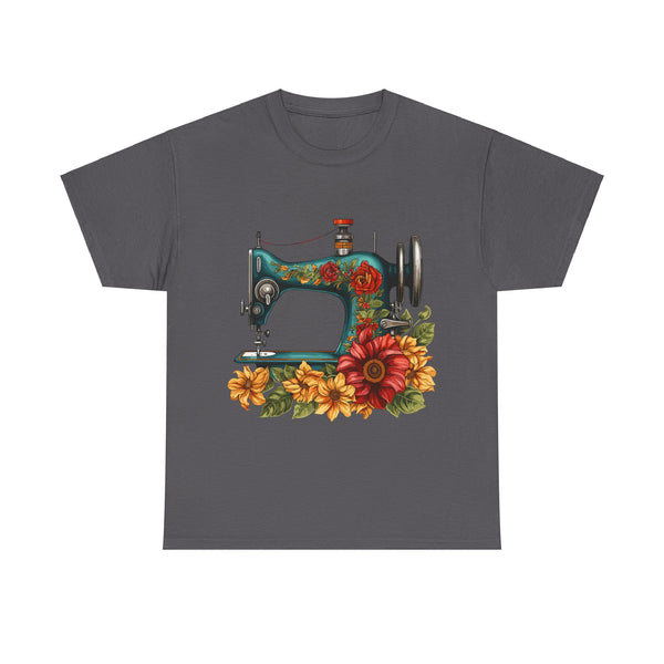 Vintage Floral Sewing Machine Unisex Heavy Cotton Tee