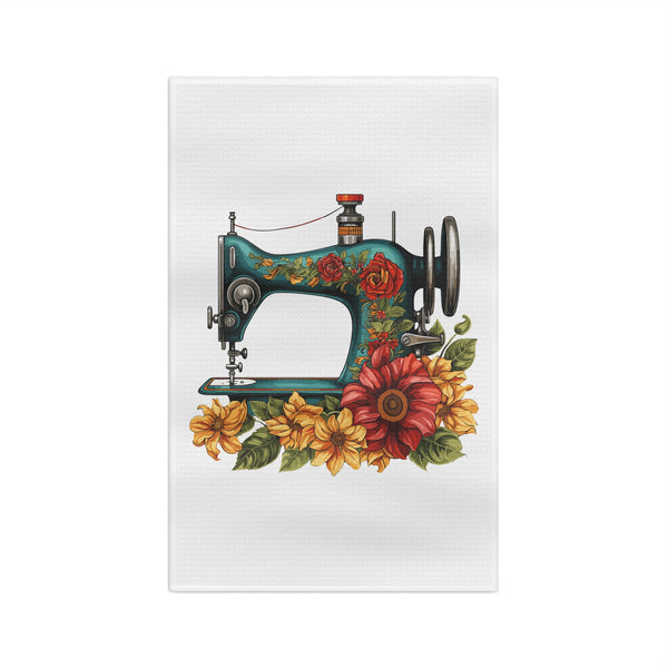 Vintage Floral Sewing Machine Microfiber Tea Towel