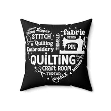 Quilting Word Cloud Spun Polyester Square Pillow - Black