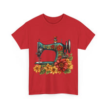 Vintage Floral Sewing Machine Unisex Heavy Cotton Tee