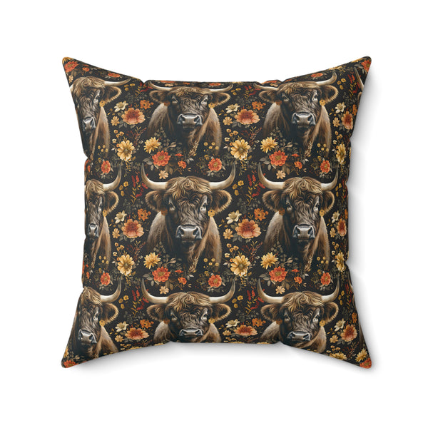 Vintage Highland Cow Pattern 2 Spun Polyester Square Pillow