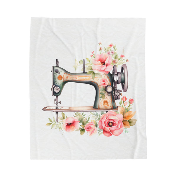 Blue Floral Sewing Machine Velveteen Plush Blanket