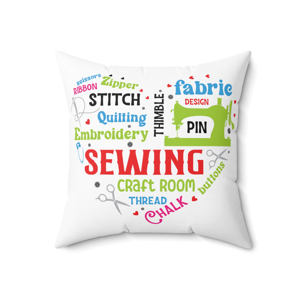 Colorful Sewing Word Cloud Spun Polyester Square Pillow - White