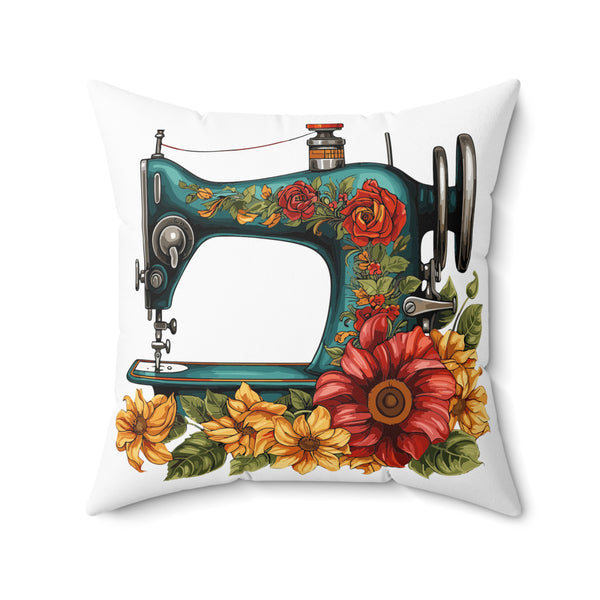 Vintage Floral Sewing Machine Spun Polyester Square Pillow