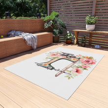 Blue Floral Sewing Machine Elements Outdoor Rug