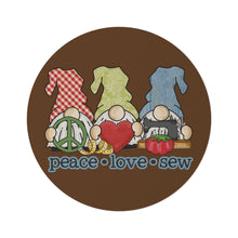 Peace, Love, Sew Gnomes Round Rug - Brown