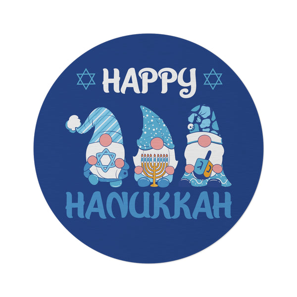 Happy Hanukkah Gnomes Round Rug - Blue