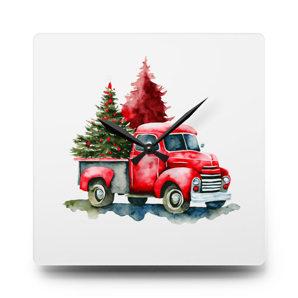 Watercolor Christmas Truck Acrylic Wall Clock - White