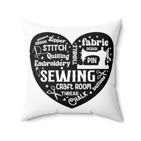 Black Sewing Word Cloud Spun Polyester Square Pillow - White