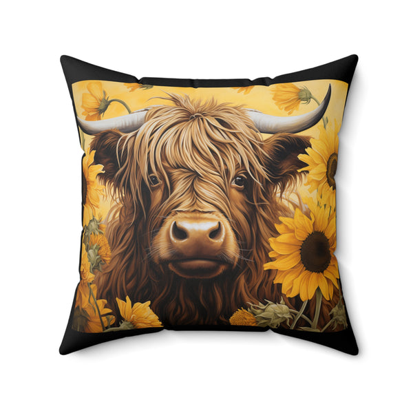 Sunflowers & Highland Cow Spun Polyester Square Pillow - Black