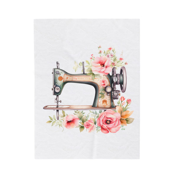 Blue Floral Sewing Machine Velveteen Plush Blanket