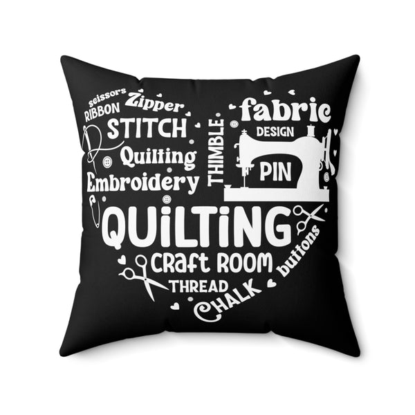 Quilting Word Cloud Spun Polyester Square Pillow - Black