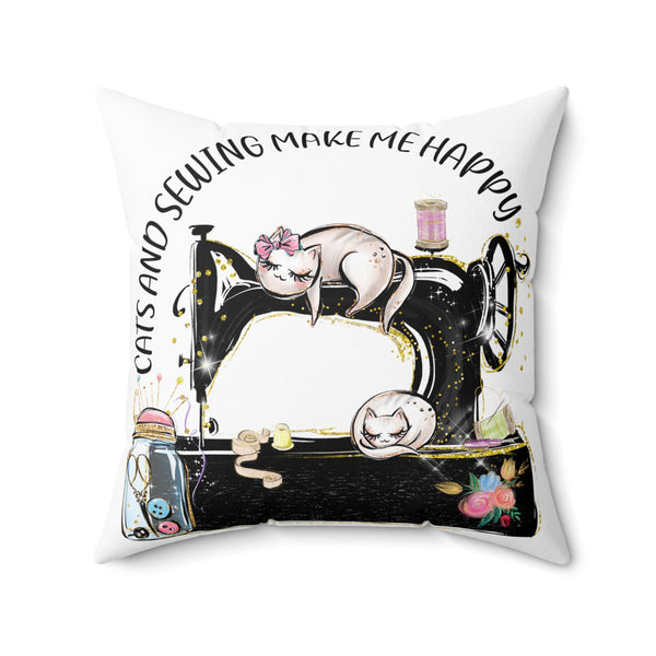 Cats and Sewing Spun Polyester Square Pillow - White