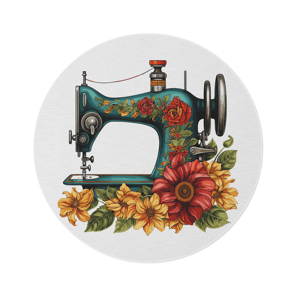 Vintage Floral Sewing Machine Round Rug