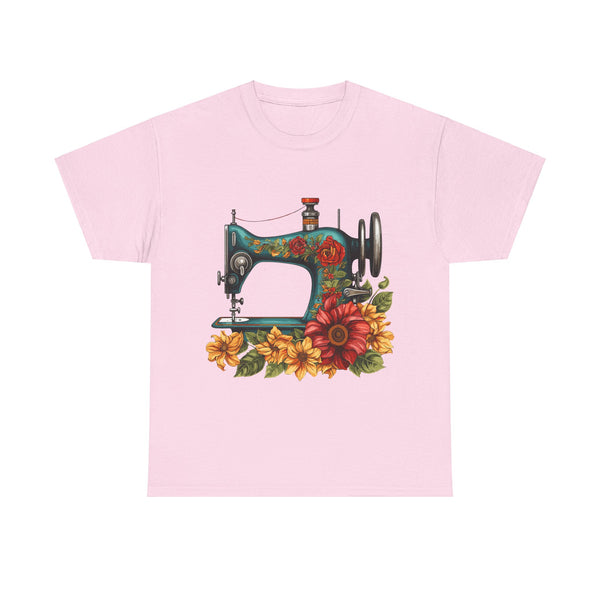 Vintage Floral Sewing Machine Unisex Heavy Cotton Tee