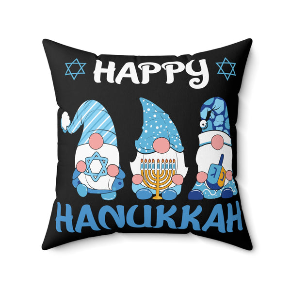 Happy Hanukkah Gnomes Spun Polyester Square Pillow - Black