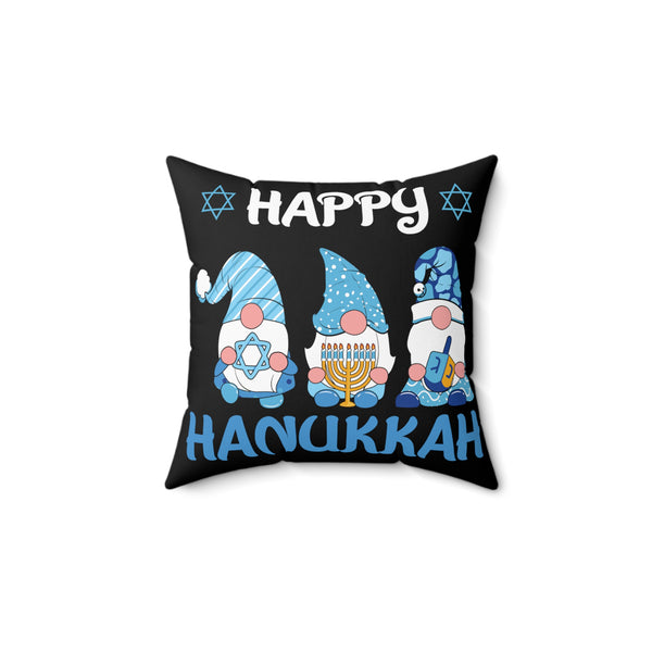 Happy Hanukkah Gnomes Spun Polyester Square Pillow - Black