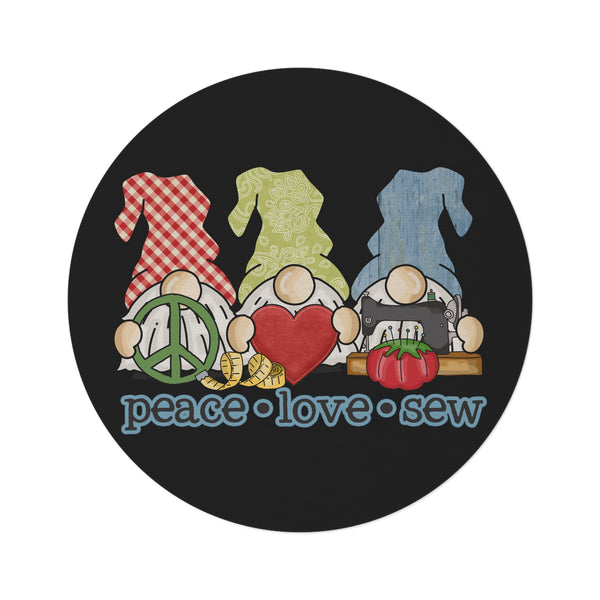 Peace, Love, Sew Gnomes Round Rug - Black